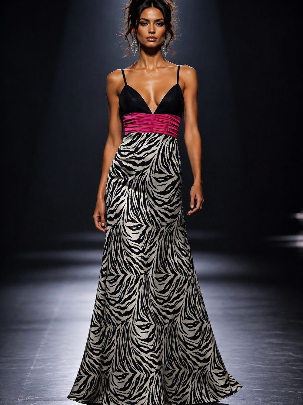 Jovani Black and White Zebra Silk Maxi Dress With Pink Detail, Size 0